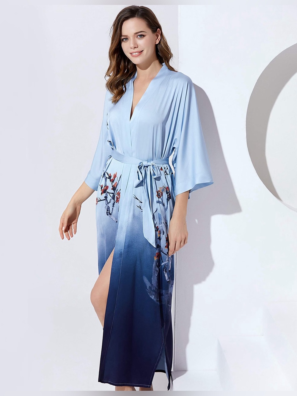 Prodesign long satin kimono robe ombre floral accents. One size. New with tags.